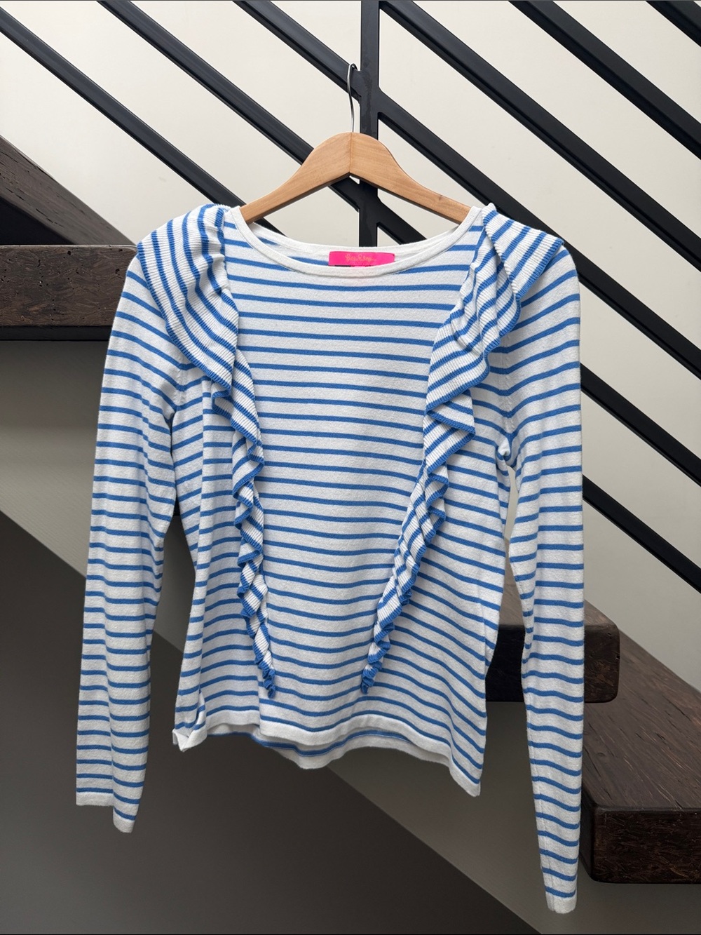 Lilly Pulitzer Ruth Striped Ruffle Front Sweater - Blue & White XS